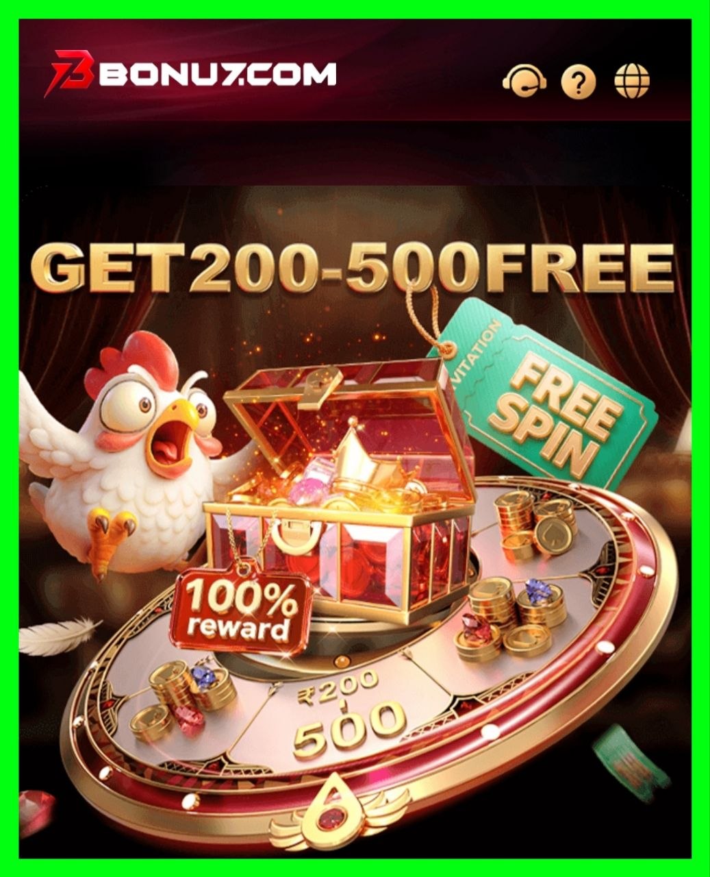 BONU7.COM promotional artwork showing a gold prize wheel, prize chest and GET 200-500 FREE text