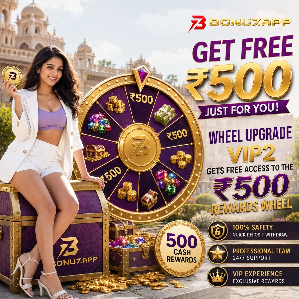 Square BONU7 promotional artwork featuring a VIP2 rewards wheel