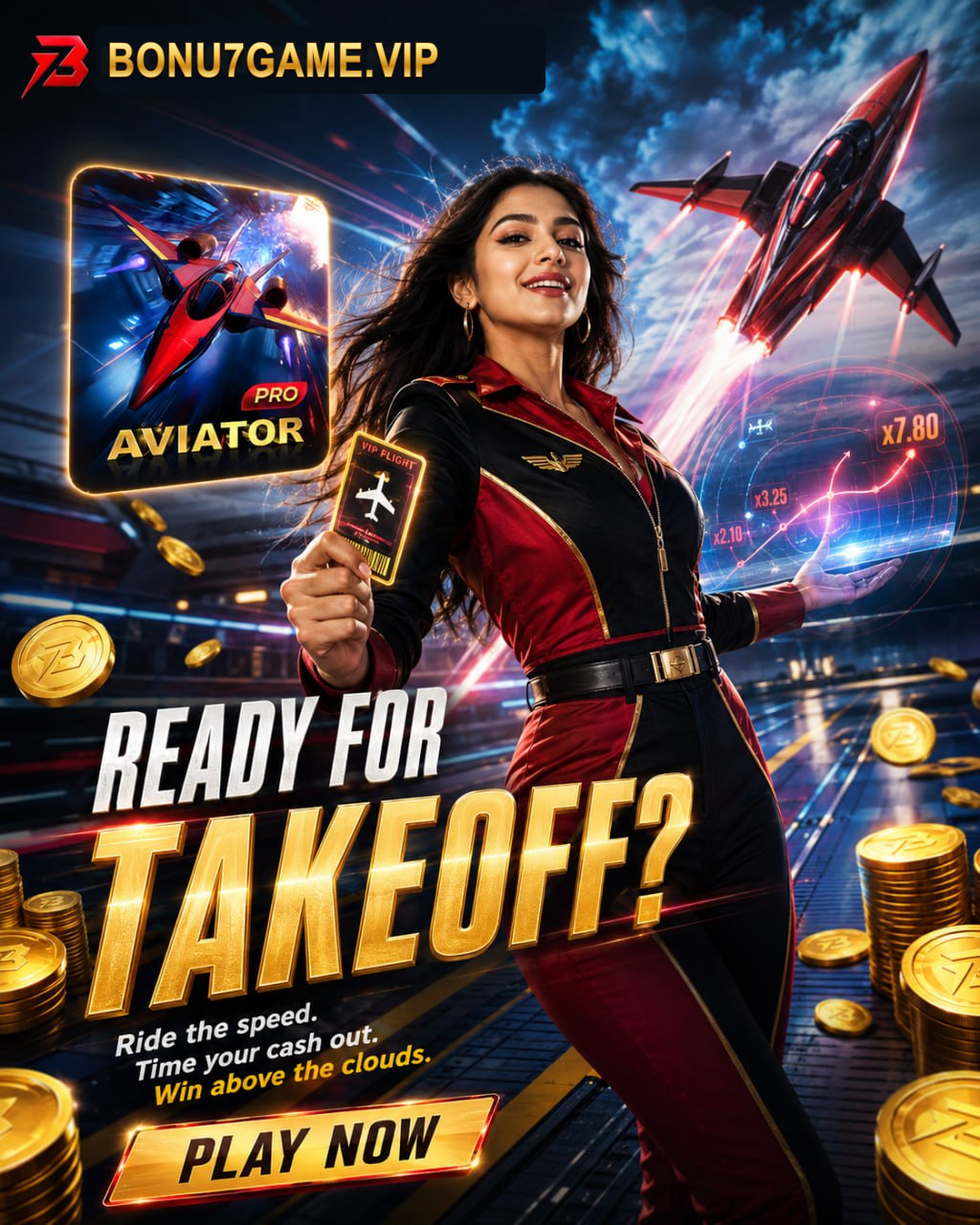 BONU7GAME.VIP Aviator game poster with red aircraft, pilot and gold play button