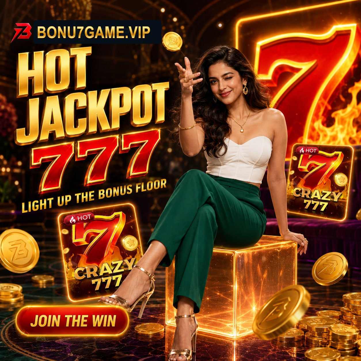 BONU7GAME.VIP Hot Jackpot 777 poster with Crazy 777 game cards and gold coins